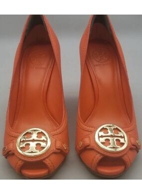 Tory Burch Orange Leather Peep-Toe Heels with Gold Logo Medallions